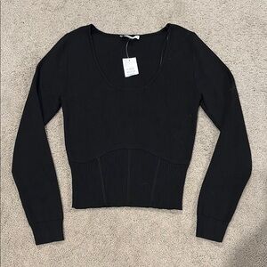 New Small Scooped Neck Black Ribbed Sweater Minimalist Capsule Waist Defining